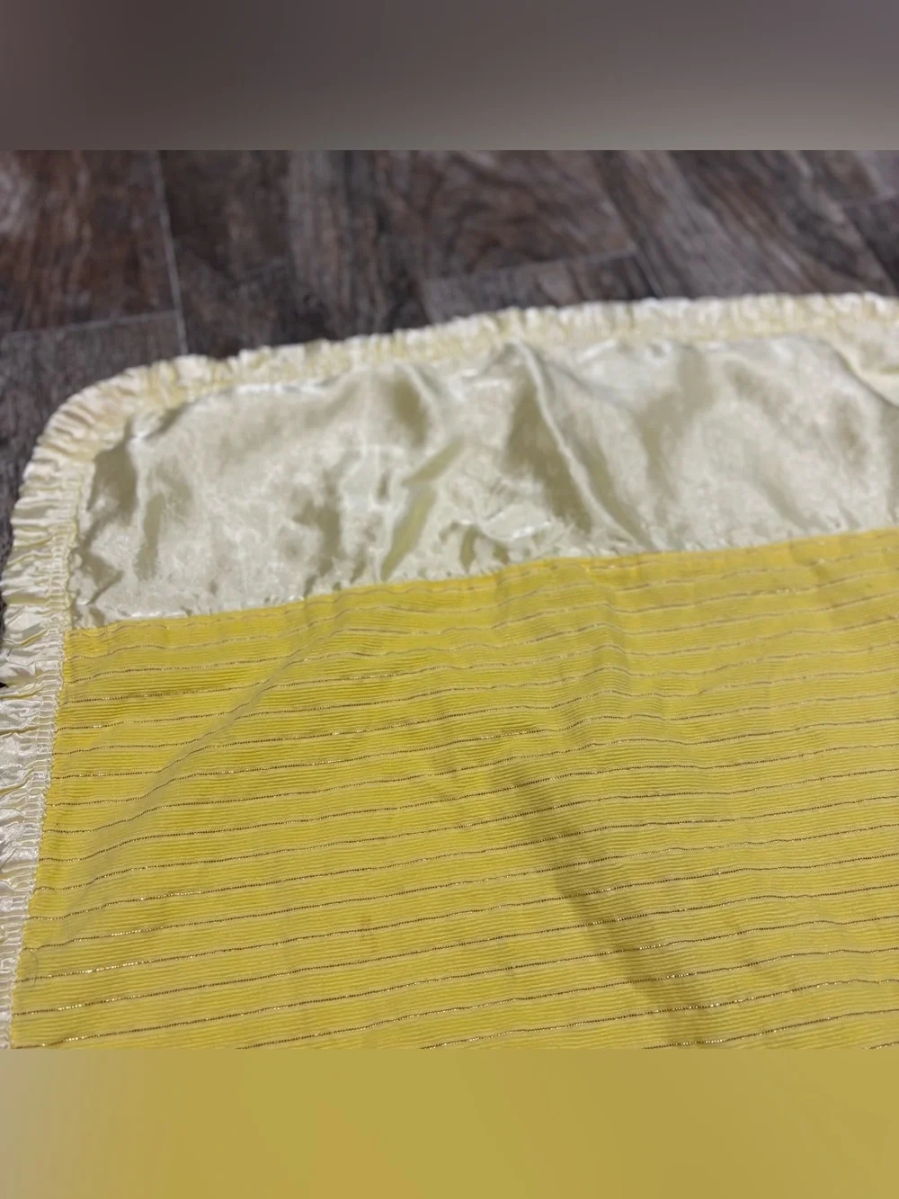 Vtg Handmade Baby Blanket W/ Pillowcase Yellow Satin Trim & Backing Gold Stripe